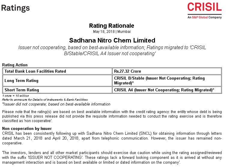 Credit Rating - Sadhana Nitro Chem