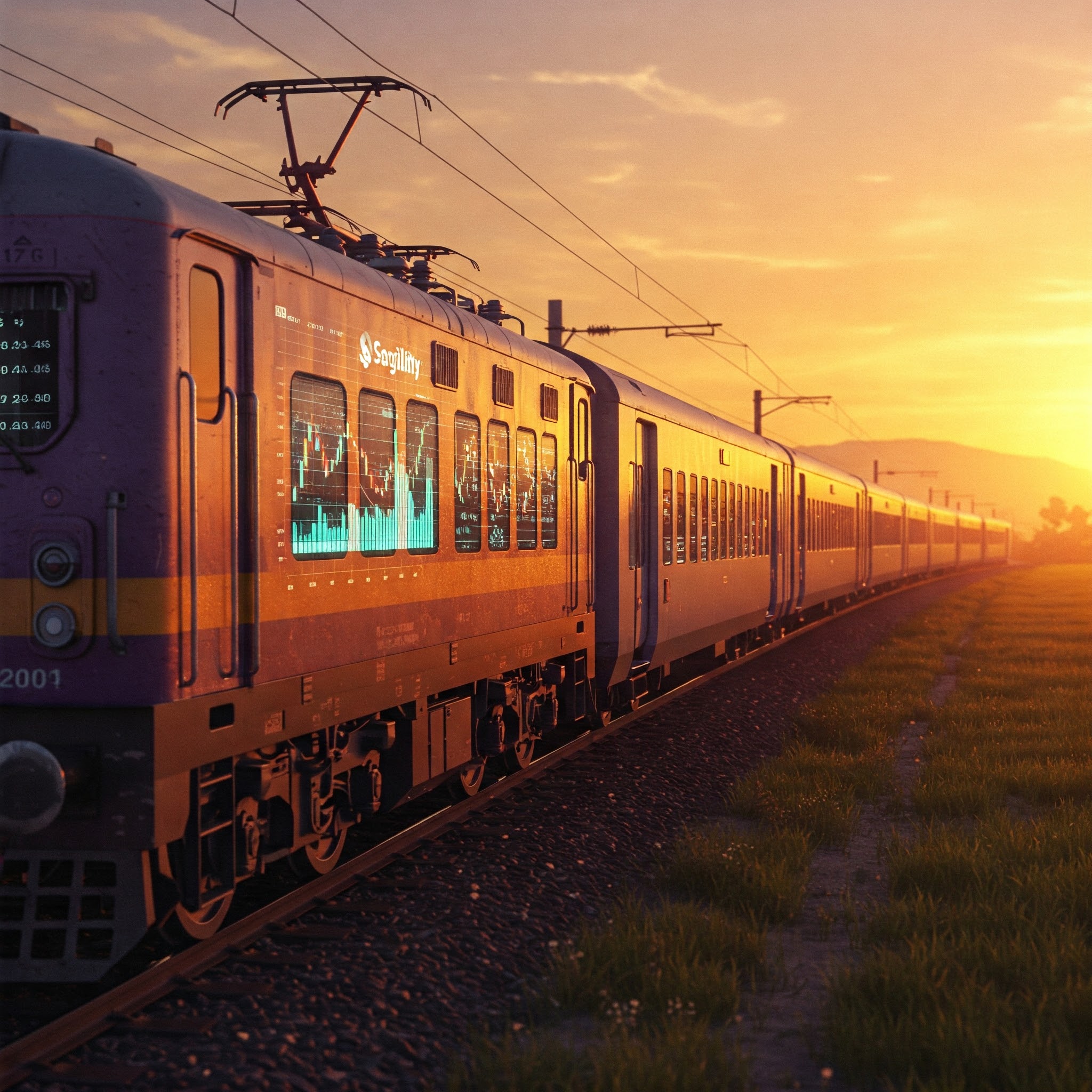 Illustration of an Indian express train speeding through countryside at sunset, with stock market charts reflected in the windows &mdash; blending travel with a quick stock review of Sagility India.